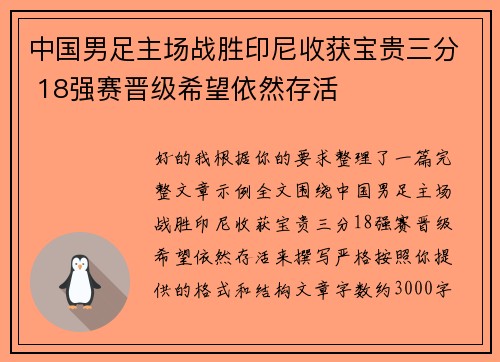 中国男足主场战胜印尼收获宝贵三分 18强赛晋级希望依然存活